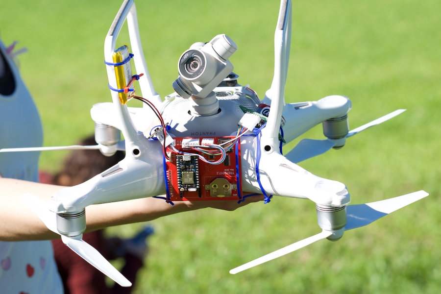 The unpiloted aerial vehicle TREX students used on their trip has a sulfur dioxide sensor attached to it for monitoring air quality.