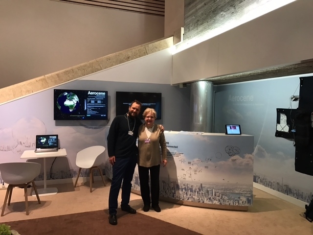 Lodovica Illari and Tomás Saraceno stand in front of the "Aerocene" installation at the 2017 World Economic Forum annual meeting. 
