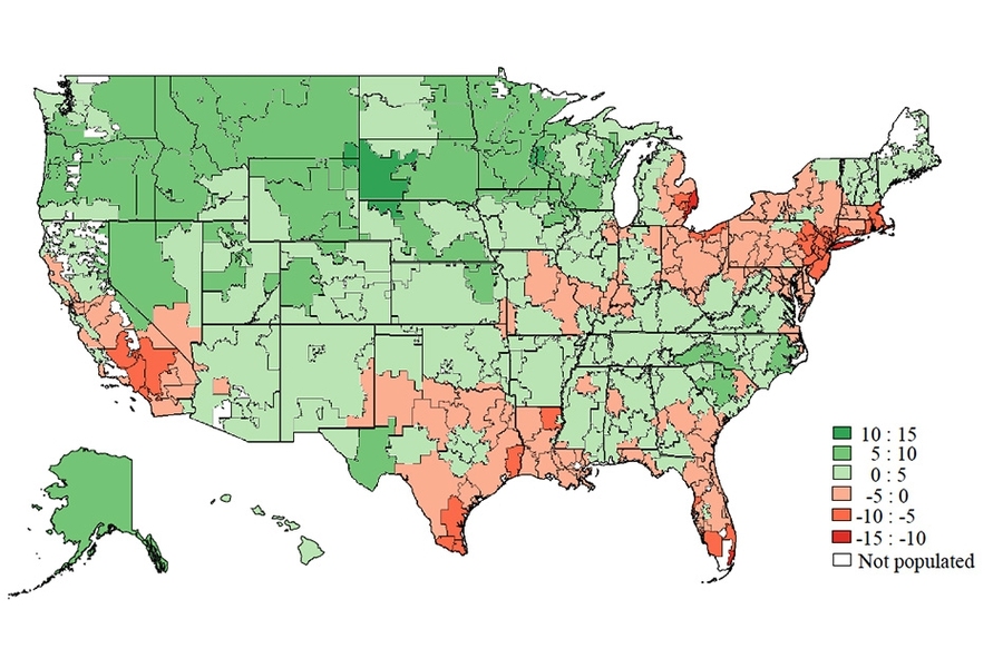 A new study co-authored by MIT scholars shows regions of the U.S. where medical providers are most likely to offer tests and treatments, given populations with equivalent levels of underlying health. Areas with greater “diagnostic intensity,” as the researchers call it, are in red.