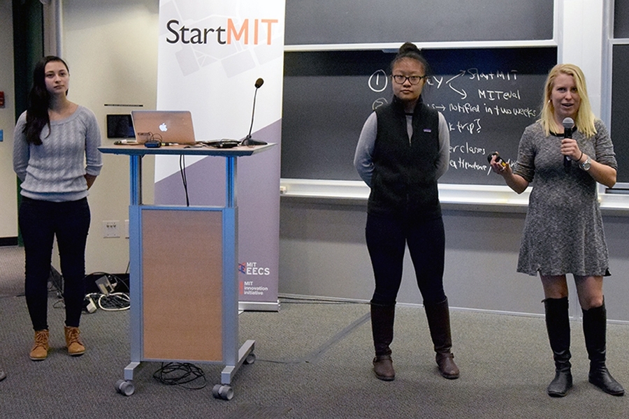 Freshman Joanna Cohen and senior Rui Song of the Department of Mechanical Engineering, and senior Anna Fountain of the Department of Mechanical Engineering present an app designed for parents and children that gamifies taking their prescribed medication.