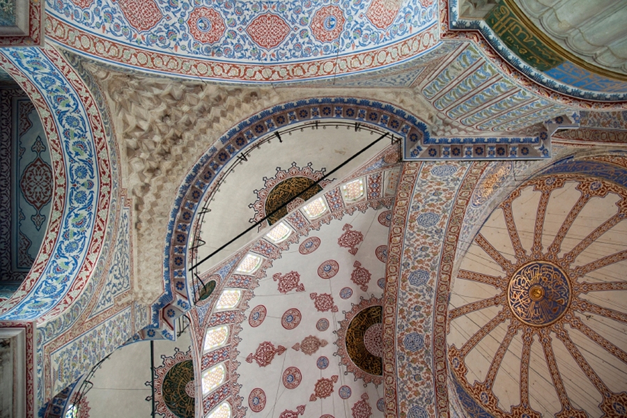 Detail of the Sultanahmet Mosque (the "Blue Mosque"), in Istanbul. Islam emphasizes worship, family life, and the virtues of generosity, forgiveness, truthfulness, and service to humanity; the overwhelming majority of Muslim clerics are advocates for peace.