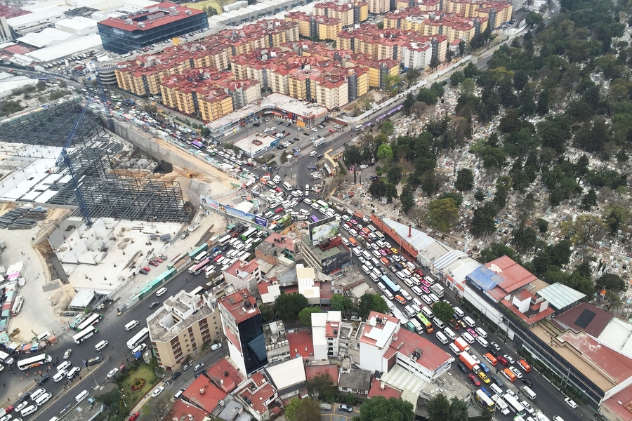 Traffic backs up amid construction at the Cuatro Caminos metro station in Mexico City.