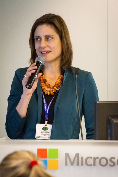 Elizabeth Sikorovsky, executive director of MIT's Institute for Data, Systems, and Society welcomes attendees to the Women in Data Science Conference in Cambridge, Massachusetts.