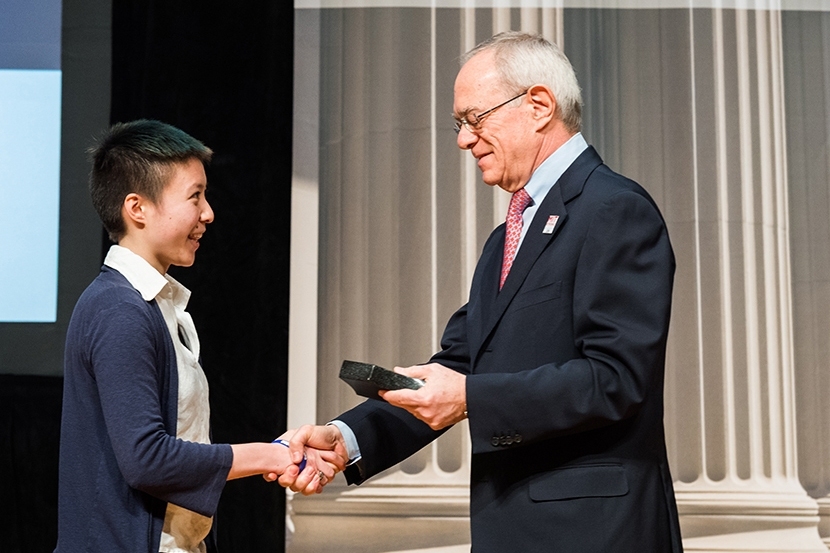 President L. Rafael Reif congratulates MIT senior Lorraine Wong, the 2017 Collier Medal Recipient.