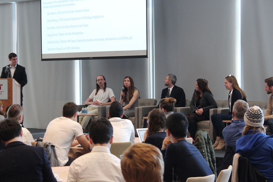 A panel on space-based communication included (from left): Moderator: Steven Link, an MIT Leaders for Global Operations Fellow; Doug Sinclair, founder and owner, Sinclair Interplanetary; Kerri Cahoy, director, MIT Space Telecommunications, Astronomy, and Radiation Lab (STAR Lab); David Mitlyng, senior vice president, business development and strategy, BridgeSat; Kim Slater, earth and space science...