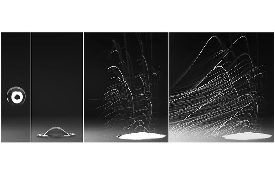 A raindrop, splashing on a porous surface, can release thousands of aerosols, as captured here in high-speed imaging experiments.
