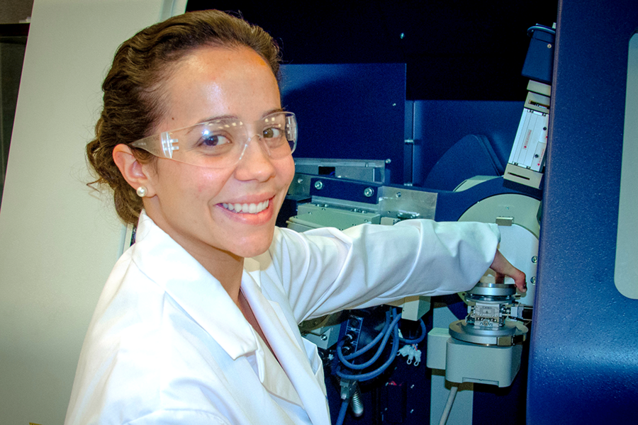 Summer Scholar Naomi Morales-Medina uses an X-ray diffraction system to analyze the structure of nanocomposite carbon materials and search for defects, during her 2014 internship under professor of aeronautics and astronautics Brian L. Wardle. She contributed to a paper led by postdoc Itai Stein published in the scientific journal Carbon. 
