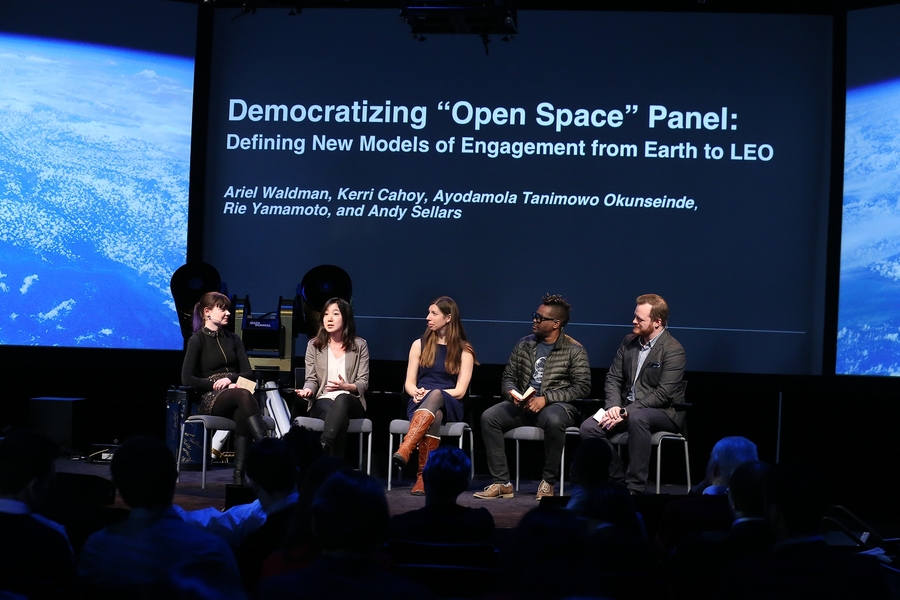 Panelists brought diverse backgrounds to a session on democratizing open space. Left to right: Ariel Waldman, founder of Spacehack.org, called herself a “misfit troublemaker;” Rie Yamamoto of space startup ALE started her career in art school; MIT Professor Kerri Cahoy, principal investigator of the AeroAstro STAR Lab, was inspired by her 4th grade teacher; artist Ayodamola “Ayo” Tanimowo ...