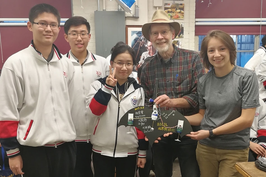 The winning ROV team: (left to right) Yiyang Liu, Tailin Liu, Zixiao Yang, Ed Moriarty, and Cheetiri Smith.