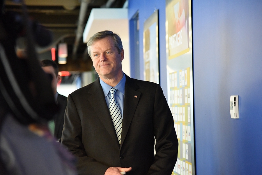 Governor Charlie Baker enters the MIT Center for Transportation and Logistics.