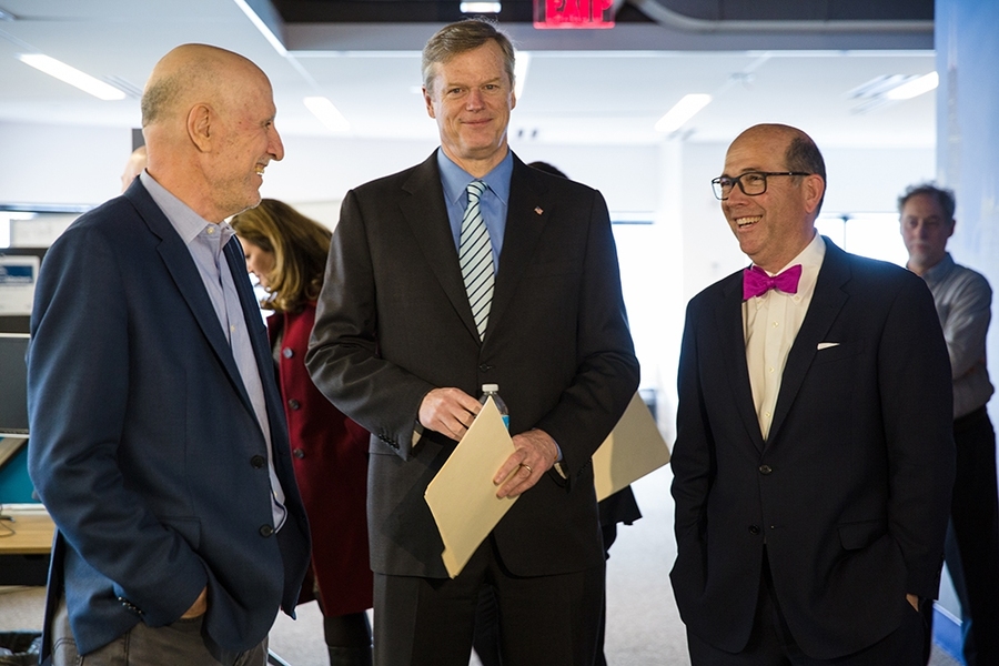 MIT Center for Transportation and Logistics Director Yossi Sheffi (left), Massachusetts Governor Charlie Baker (center), and MIT AgeLab Director Joe Coughlin enter the MIT Center for Transportation and Logistics.