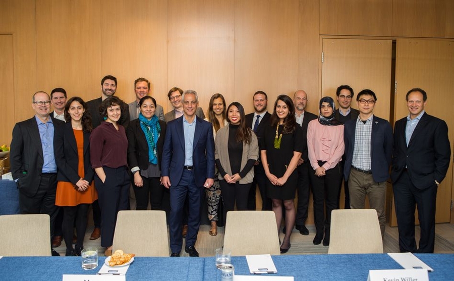 “My view of the world is that people start dropping out of college in third grade,” Emanuel said, pictured here after the roundtable discussion. “They do not drop out freshman year. The biggest thing we can do for the education gap between rich and poor is early-childhood education. You have got to get to kids early enough in life to give them the exposure to education.” 