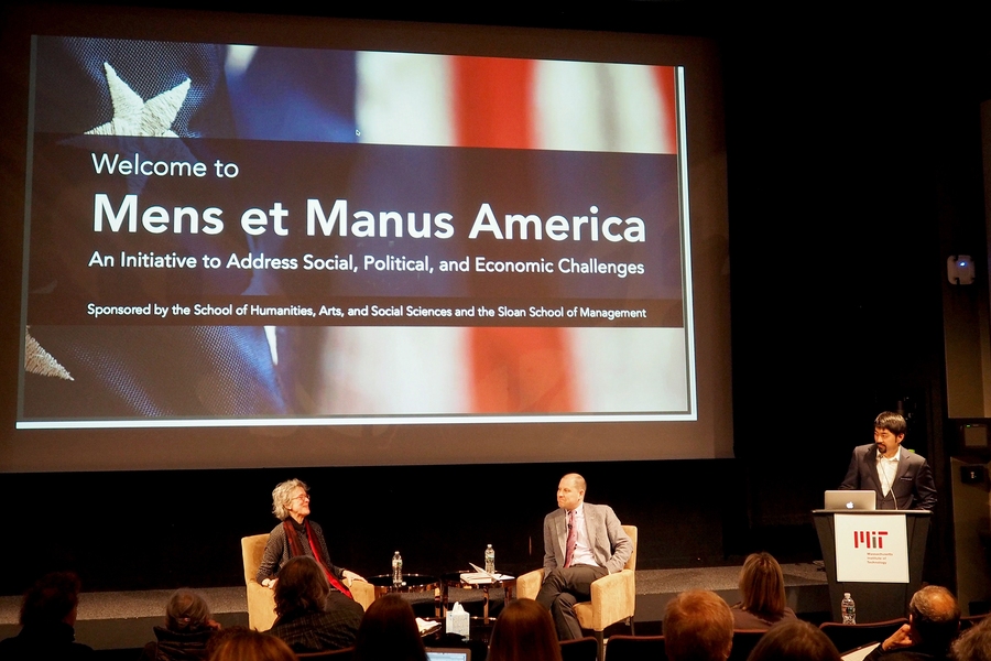 "Strangers in Their Own Land: A Conversation with Arlie Russell Hochschild" drew nearly 200 people to MIT's Bartos Theater. Pictured, left to right: Hochschild; Ezra Zuckerman Sivan, deputy dean of the MIT Sloan School of Management; and Teddy Lee, MBA candidate in MIT Sloan and co-president of the Sloan Student Senate.
