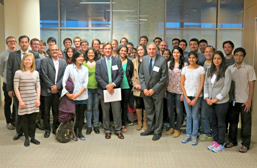 Tata Center students and staff pose with Ratan Tata (center-right), chair of the Tata Trusts.