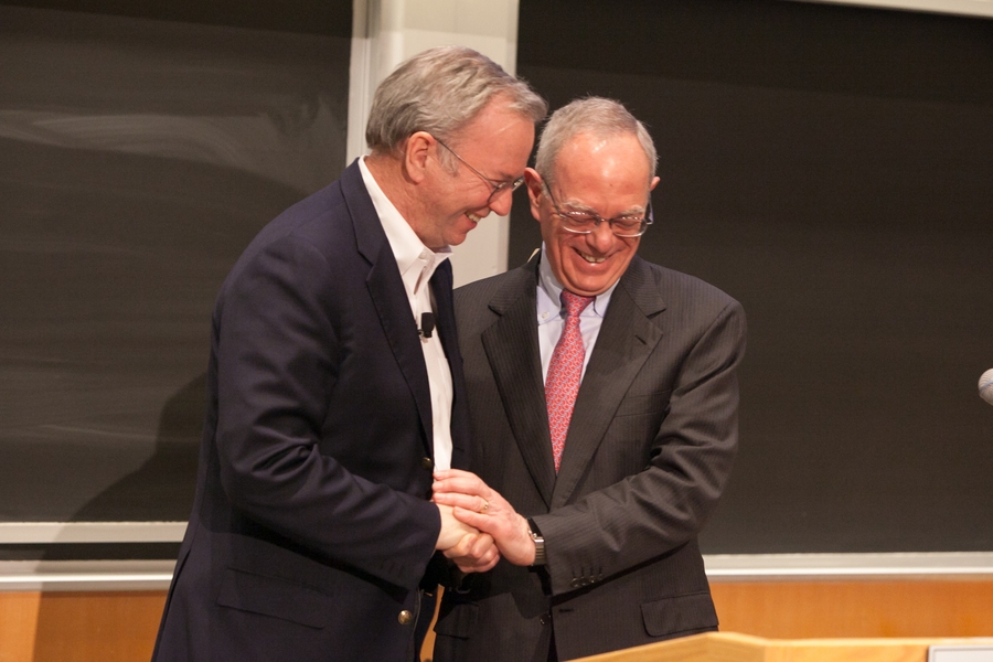 MIT President L. Rafael Reif (right) introduces Eric Schmidt.