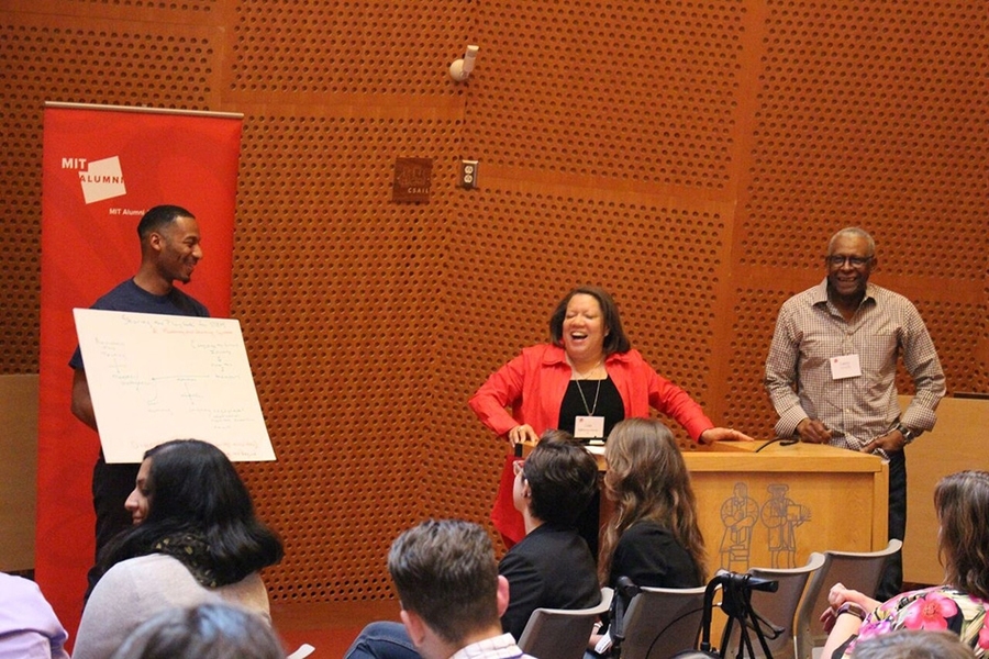 Lisa Egbuonu-Davis ’79 presents her “playbook” for underrepresented minorities in STEM, with her team.