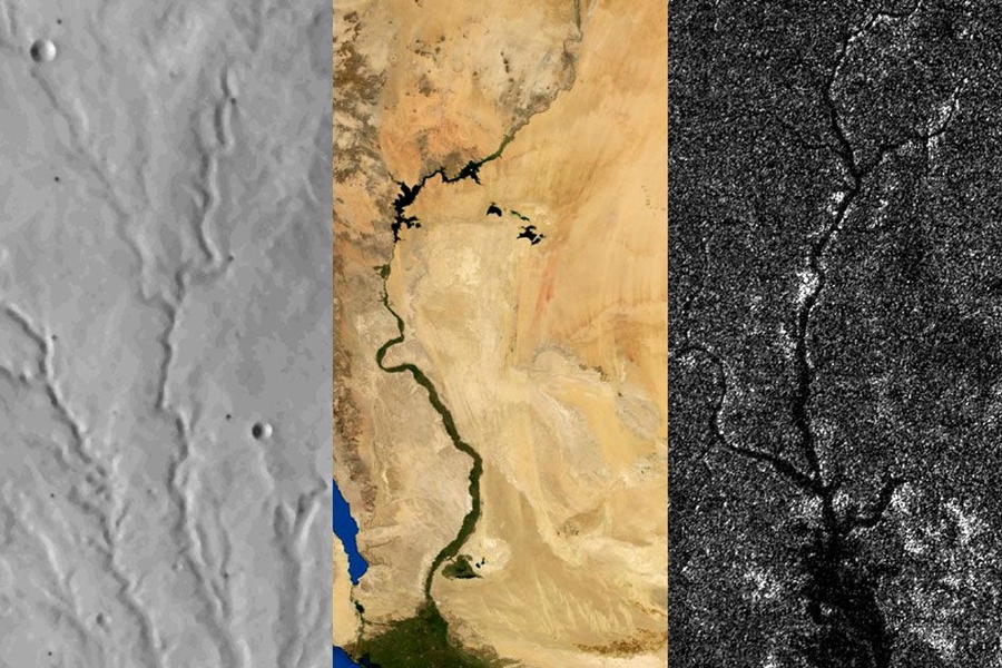 Left to right: River networks on Mars, Earth, and Titan. Researchers report that Titan, like Mars but unlike Earth, has not undergone any active plate tectonics in its recent past.
