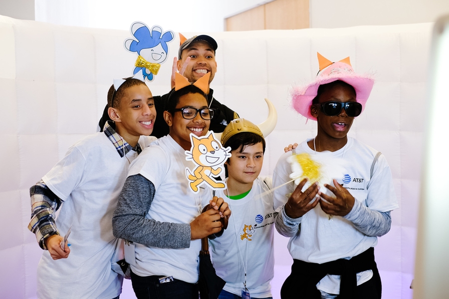 Teacher Alberto Aquino (in back) brought a group of 22 Scratchers from the Armory College Prep program in Washington Heights, New York.