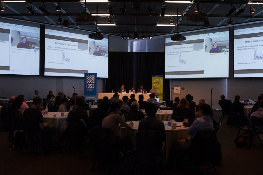 The LIDS Smart Urban Infrastructures Workshop kicked off with a panel on Security and Privacy in Smart Services. Aaron Roth (shown on screens) presented his talk remotely from the University of Pennsylvania.