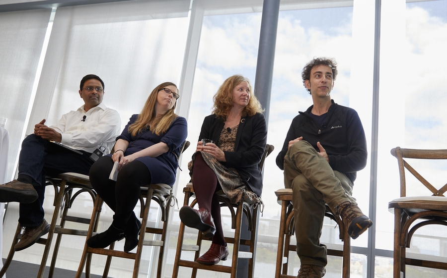 Panelists discuss projects that use MIT as a test bed: (l-r) Associate Professor Kripa Varanasi; Institute for Data, Systems, and Society PhD Student Rachel Perlman; Office of Development, Health and Safety Associate Director Pamela Greenley; and Photovoltaics Research Lab research scientist Marius Peters.