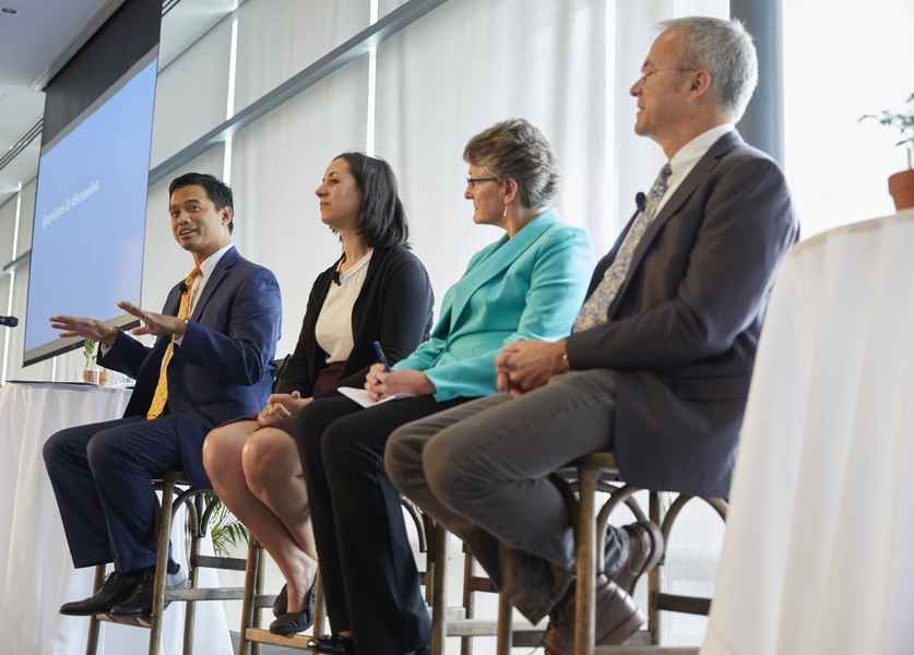 Left to right: Glen Comiso of Institute Affairs, Jinane Abounadi of MIT Sandbox, Sarah Eusden Gallop of the Office of Government and Community Relations, and Jim May of Campus Planning discuss how to promote innovation in campus sustainability.