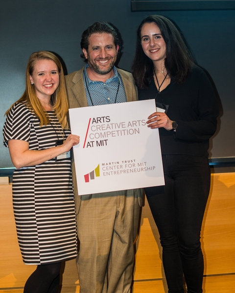 Left to right: MIT Sloan grad student Kaitlin Terry, co-director of the 2017 Creative Arts Competition; Sam Magee, manager of student arts programs at Arts at MIT; and Noor Khouri, master's candidate in the School of Architecture and Planning and co-director of the 2017 Creative Arts Competition.