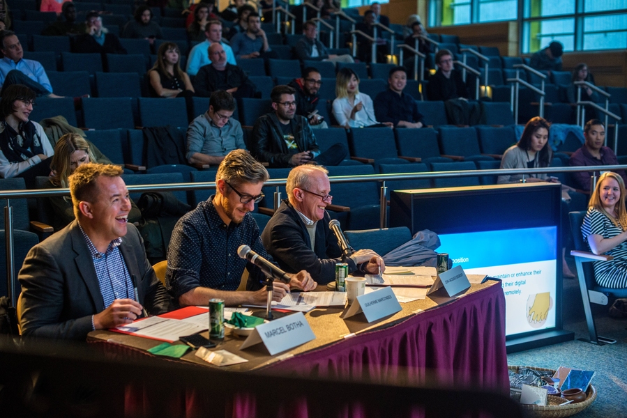 Judges (left to right) Marcel Botha, Guilherme Marcondes, and Jean-Jacques DeGroof at the 2017 Creative Arts Competition pitch finals.