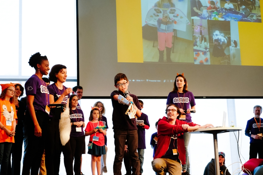 Scratch Day @ MIT closed with kids presenting creations and projects that they made on the day.