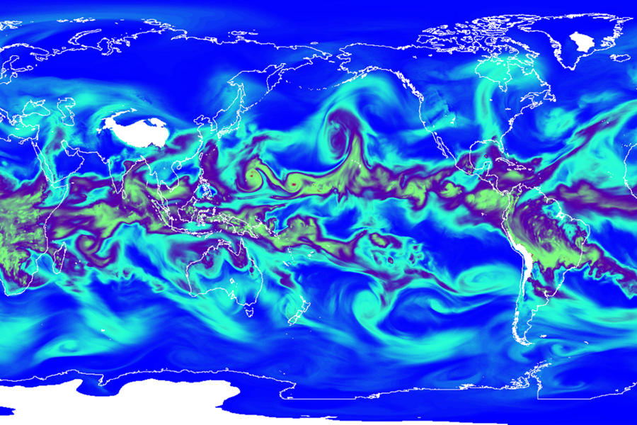 This image shows humidity in the lower atmosphere in a global high-resolution model used to study the effect of climate change on weather extremes.