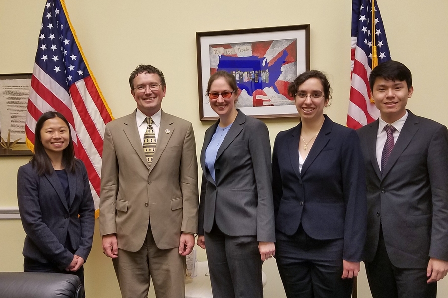 Left to right: Abigail Regitsky, Representative Thomas Massie '93 (R-KY-4), Rachel Hoffman Gilmore, Krysta Dummit, and Sungil Kim.