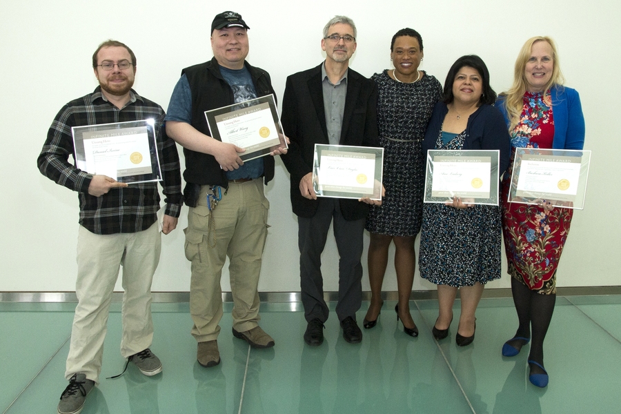 2017 SHASS Infinite Mile Award recipients pose with Dean Melissa Nobles. Left to right: Daniel Irvine, Albert Wang, Luis "Cuco" Daglio, Melissa Nobles, Ana Ludwig, and Barbara Keller.