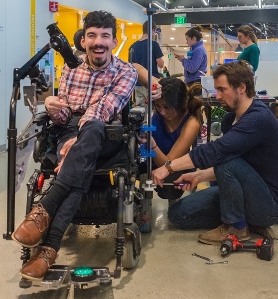 At the 2017 ATHack-a-thon, Team Alex created a wheelchair attachment and web interface that allows Alex to control a video camera with his feet.
