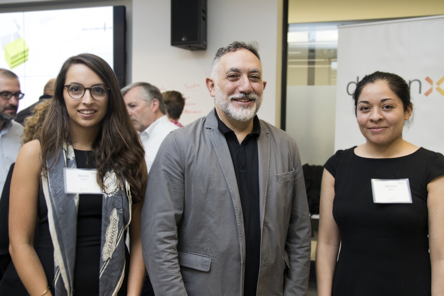 DesignX pitch session winners Newsha Ghaeli (left) and Mariana Matus (right), co-founders of Biobot, pose with Professor Hashim Sarkis, dean of the MIT School of Architecture and Planning. Biobot Labs is mining city sewers using DNA sequencing and metabolomics, building a global data analytics platform to map the health and wellbeing of our cities, with a focus on tracking the presence of opioids.