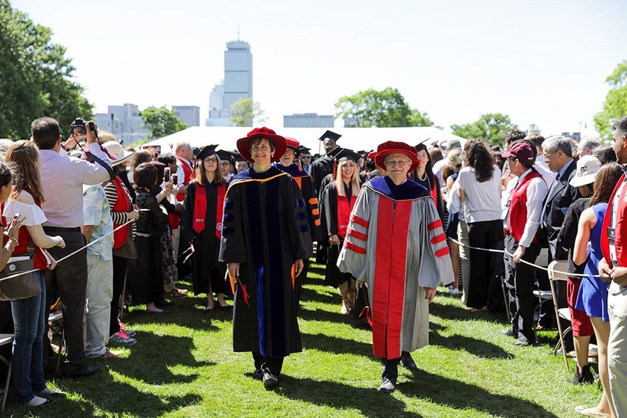 Suzy Nelson, vice president and dean for student life, and Dennis Freeman SM ’79 PhD ’86, dean for undergraduate education, were marshals in the graduate division of the Commencement procession.