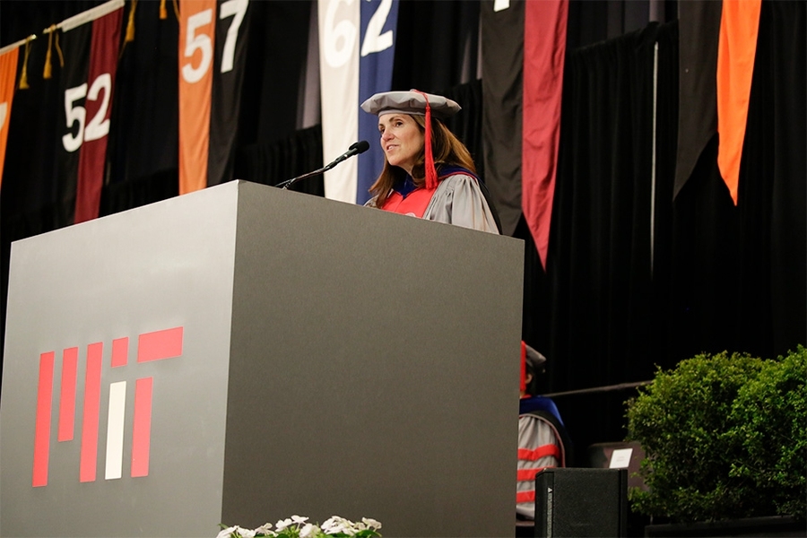 MIT Chancellor and Ford Professor of Engineering Cynthia Barnhart SM ’86 PhD ’88  gave opening remarks at the Institute’s Investiture of Doctoral Hoods. ““Earning a doctoral degree from MIT is no small feat,” she told the assembled graduates. “You have every reason to be proud, to be relieved, and to be filled with hope for what the future holds.”