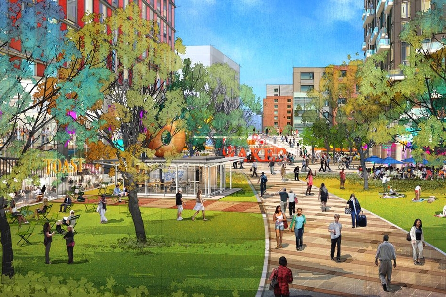 A lively and diverse open space creates a new connection from 5th Street to Galaxy Park.