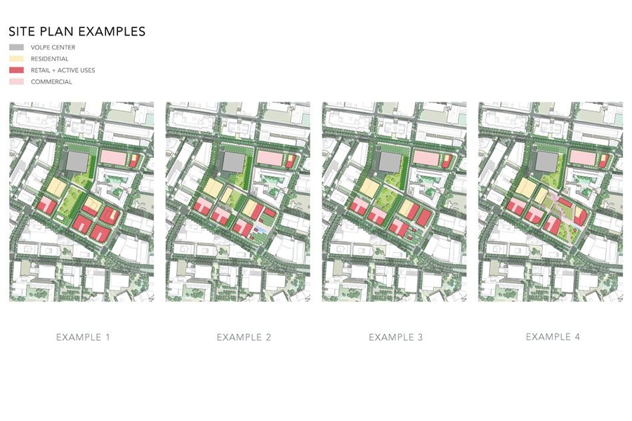 The team has identified four potential site plans that would work under the proposed zoning showing different locations for the open space and buildings.