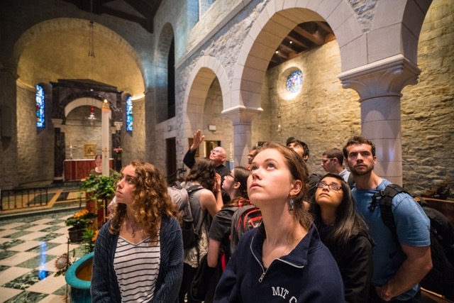 At the Society of Saint John the Evangelist, MIT students (left to right) Loewen Cavill, Tess Hegarty, Zareen Choudhury, and Josh Hilke learn about the religious practices in a monastery that places contemplative silence at its heart.