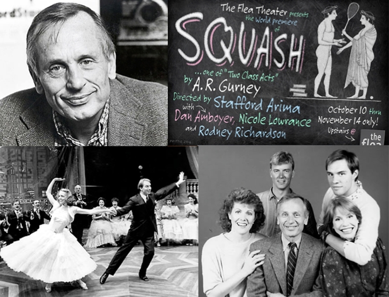 Clockwise from top left: A.R. Gurney; poster for "Squash;" Gurney (center) with the cast of "Sweet Sue," Mary Tyler Moore in front row, lower right; and a scene from "The Snow Ball."