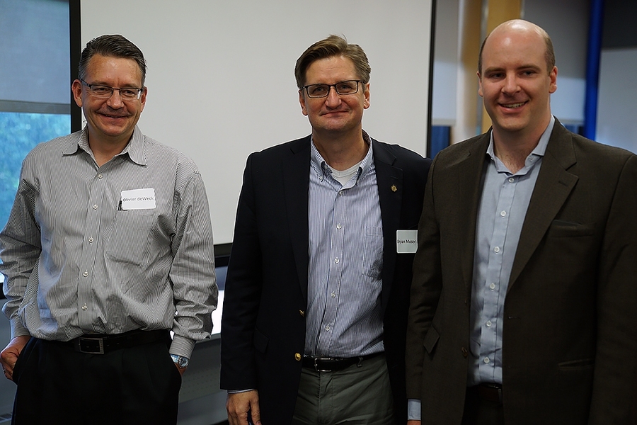 Left to right: Olivier de Weck, professor of aeronautics and astronautics and engineering systems; Bryan Moser, lecturer in system design and management; and Bruce Cameron, director of the System Architecture Lab and lecturer in engineering systems received the award for integrated online/in-class instruction, real-time communication and polling technologies.