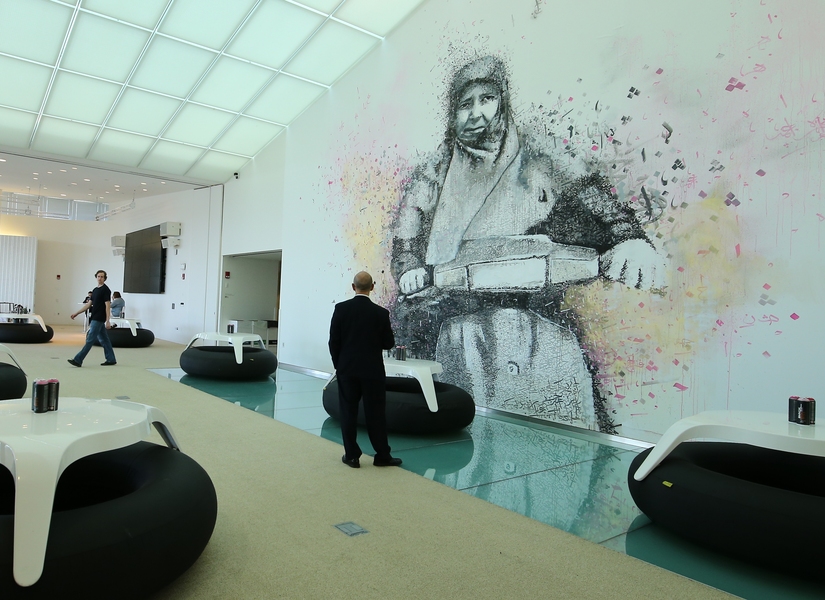 In the days before the MIT Media Lab’s Defiance event, Lebanese graffiti artist Yazan Halwani created this mural, called “"Between a Rock and a Hard Place."