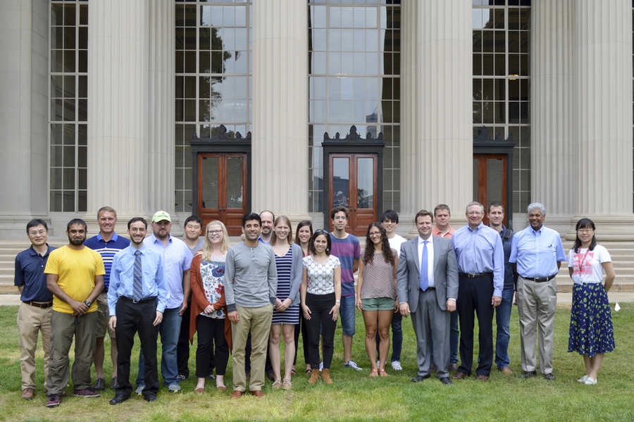 Participants and instructors of the professional education program Innovation and Technology in Agriculture and the Environment gather on Killian Court. Participants were MIT students for a week and experienced a combination of lectures and lab demonstrations.