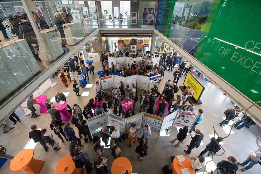 Aerial shot of crowds and presentation posters