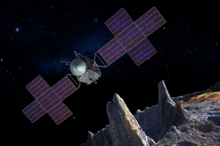 Artist rendering of the Psyche spacecraft at asteroid 16 Psyche