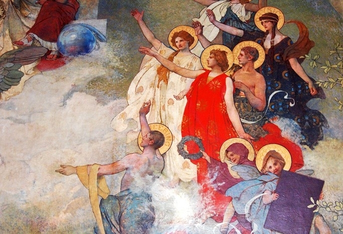 Walker Memorial's imposing murals, which show allegories of alma mater receiving homage from scientific and academic disciplines, were painted by Edwin Howland Blashfield of the Class of 1869.