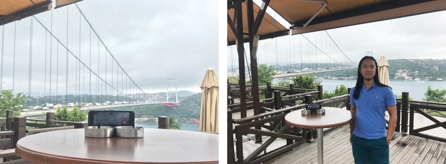 MIT postdoc Justin Chen monitors the Fatih Sultan Mehmet Suspension Bridge connecting Europe to Asia using his cell phone in Istanbul.