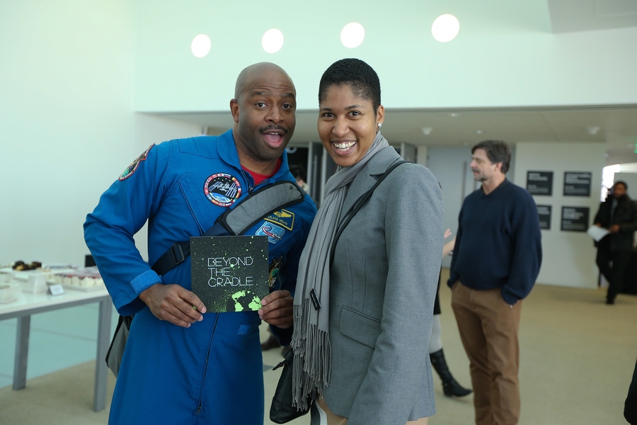 Former astronaut Leland Melvin (left), currently a Media Lab Director’s Fellow, poses with Danielle Wood at the Media Lab's space event in March.