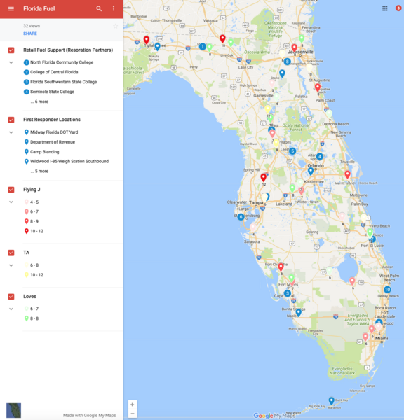 A map of fuel retailers in the state of Florida, developed by Tim Russell of MIT Humanitarian Response Lab, was used as a tool to assure fuel supply for first responders and power restoration teams.