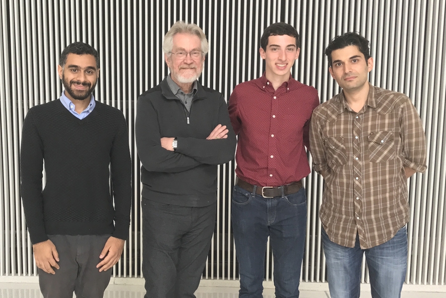 Members of Human Dynamics' Fragile Families Challenge team: (l-r) Abdullah Almaatouq, Alex “Sandy” Pentland, Daniel Rigobon, and Eaman Jahani. Team members not pictured: Yoshihiko Suhara, Khaled Al-Ghoneim, Abdulla Alhajri, Abdulaziz Alghunaim, and Alfredo Morales-Guzman.