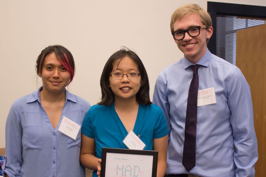The winning team, named A Salt Solution, won $10,000 for a prototype of a simple, low-cost hydrogel that can be incorporated into water desalination plants or placed directly into bodies of water to collect uranium. The team members are: (left to right) Jasmine Harris, Cynthia Lo, and William “Robin” Lindemann.